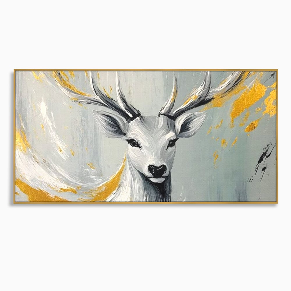 Tablou canvas cu pictura cu portret de cerb si detalii aurii, in rama de aluminiu auriu